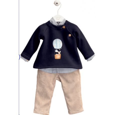 CONJUNTO SUDADERA C/CAMISA RAYAS Y PANTALÓN LARGO  GLOBO MARINO