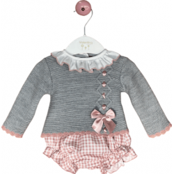 CONJUNTO JERSEY CON RANITA Y CAPOTA GRIS-ROSA VICHY