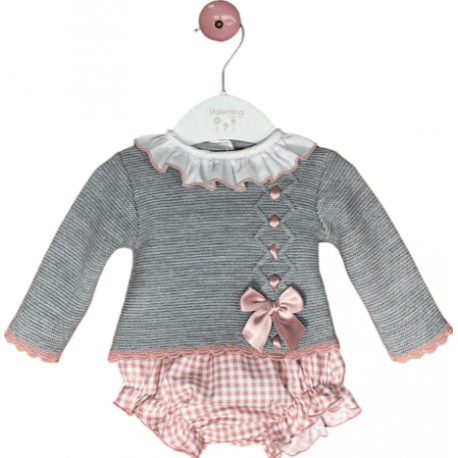 CONJUNTO JERSEY CON RANITA Y CAPOTA GRIS-ROSA VICHY