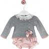CONJUNTO JERSEY CON RANITA Y CAPOTA GRIS-ROSA VICHY