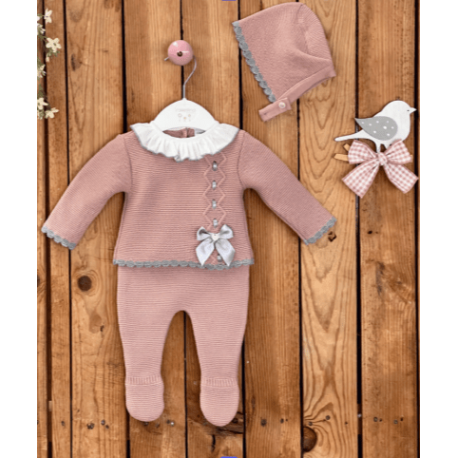 CONJUNTO 3 PZAS.PRIMERA PUESTA ROSA EMPOLVADO/GRIS