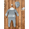 CONJUNTO 3PZAS PRIMERA PUESTA GRIS POMPONES BLANCOS