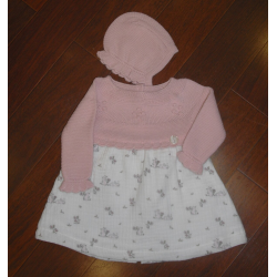VESTIDO C/CAPOTA CUERPO PUNTO CONEJITOS ROSA EMPOLVADO