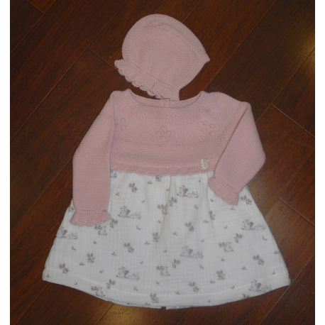 VESTIDO C/CAPOTA CUERPO PUNTO CONEJITOS ROSA EMPOLVADO